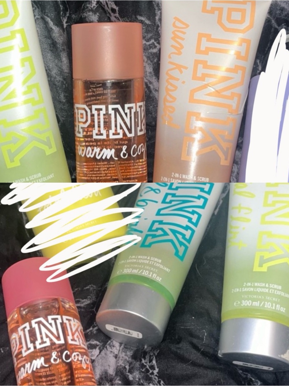 Set of 6 Vs pink body scrub mist and lotion total flirt warm & cozy sunkissed